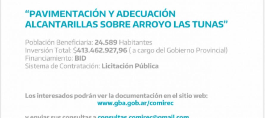 Llamado a consulta pública por obra de vialidad y drenaje en Malvinas Argentinas